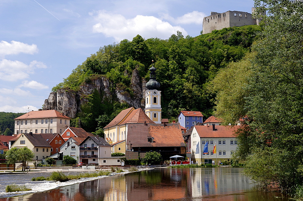 Fortress ruins overlooking a village and church on the Naab River, Kallmuenz, Oberpfalz, Upper Palatinate, Bavaria, Germany, Europe