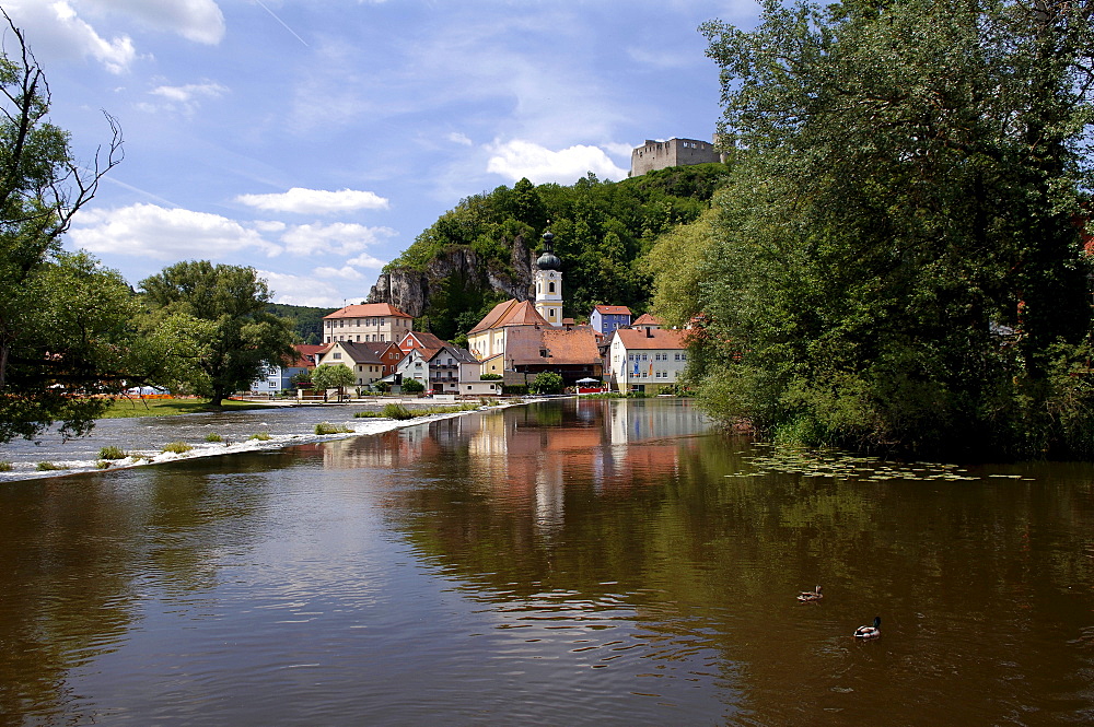 Fortress ruins overlooking a village and church, Kallmuenz, Oberpfalz, Upper Palatinate, Bavaria, Germany, Europe