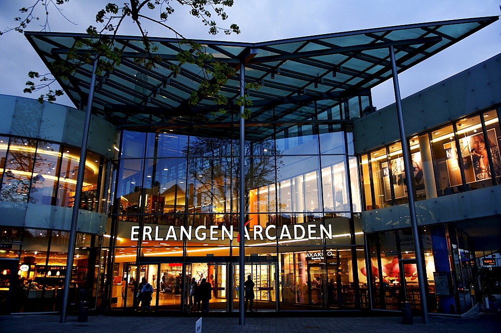 Shopping centre at dusk, Erlangen, Middle Franconia, Bavaria, Germany, Europe