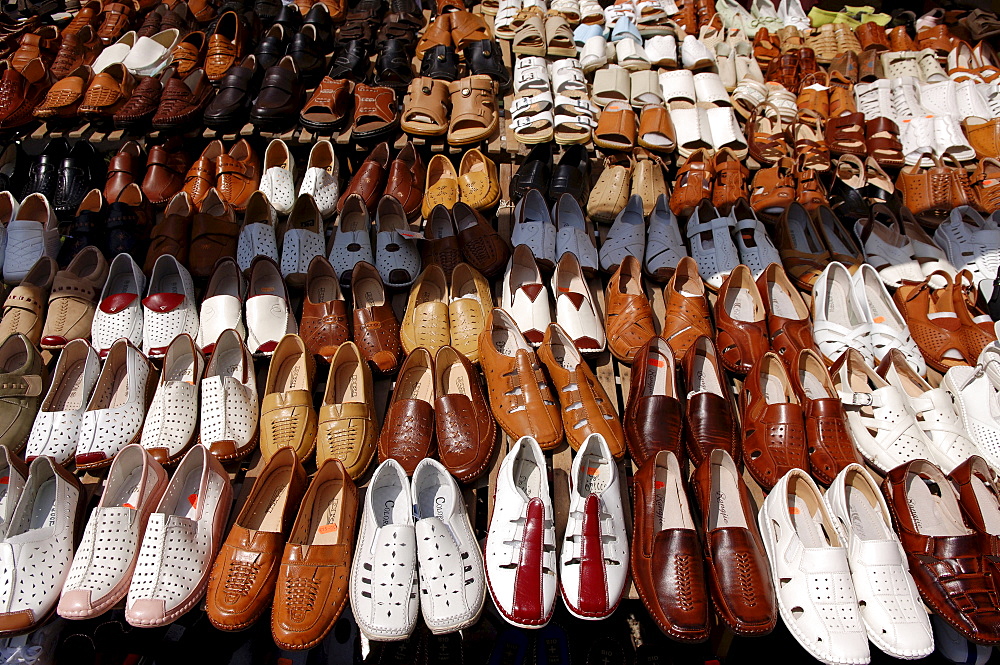 Shoes in a shoe market, Wernigerode town, Saxony-Anhalt, Germany, Europe