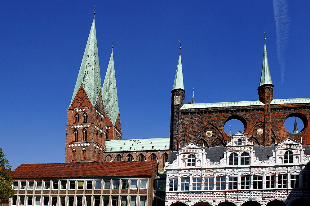 Old city hall with St. Marienkirche, St. Mary's Church, Luebeck, Schleswig- Holstein, Germany, Europe