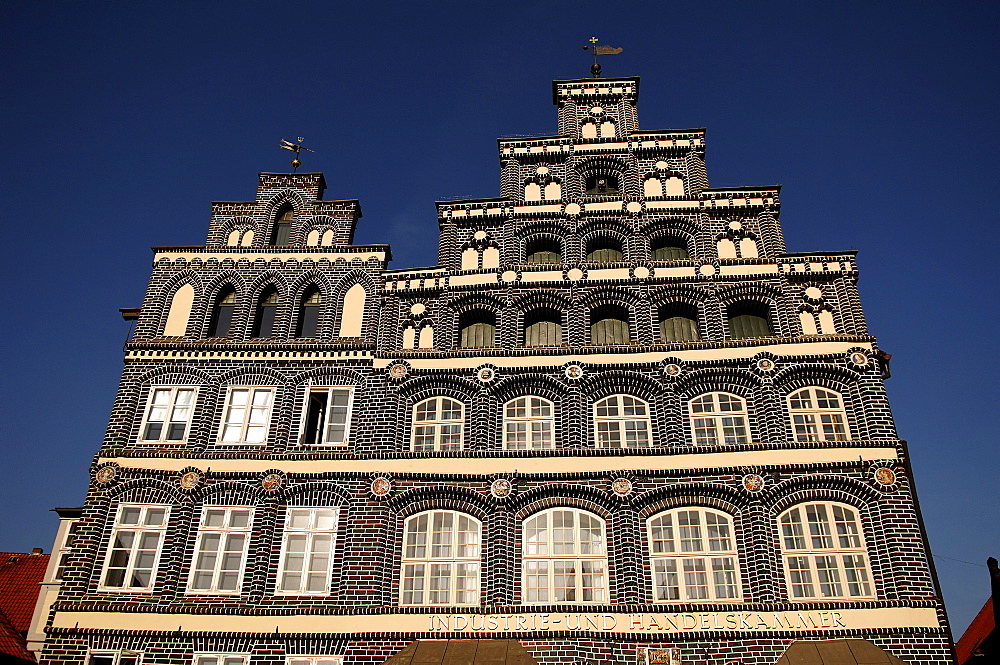 Renaissance facade of the Industire and Chamber of Commerce, in detail, Lueneburg, Lower Saxony, Germany, Europe