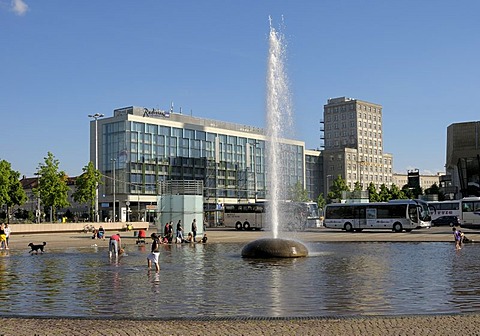 Augustusplatz, Augustus Square with the Radisson Hotel and the Europahaus Building, Leipzig, Saxony, Germany, Europe