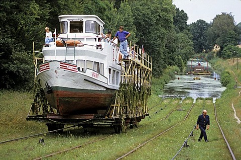 Transportation of boats by rail cars, Elblag Canal, Masuria, Poland