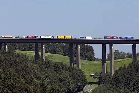 Trucks in a traffic jam on a bridge of the German freeway A 45, Markischer Kreise, North-Rhine Westphalia, Germany