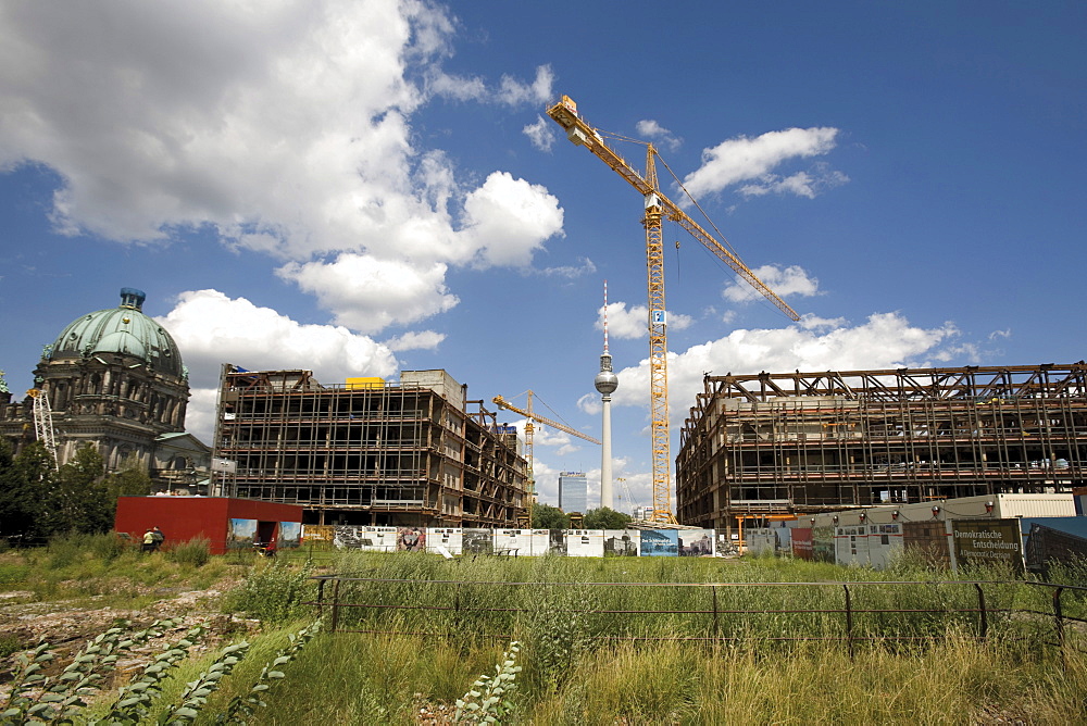 Construction site - Palast der Republik building in East Berlin, former GDR, the Berlin Cathedral (left) and telecommunications tower in the background, Berlin, Germany, Europe