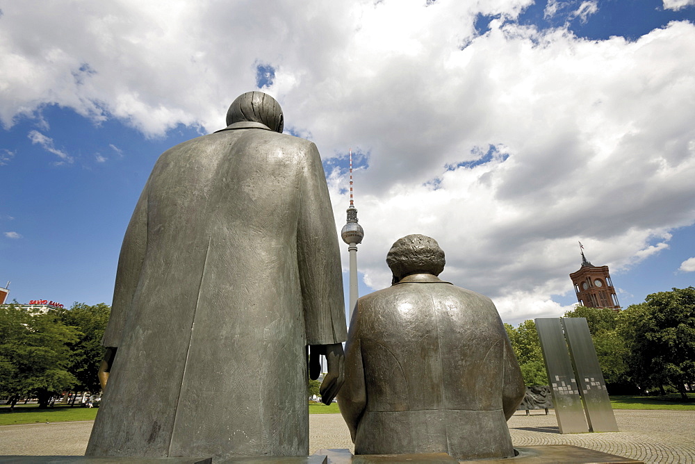 Marx and Engels Monument and telecommunications tower (back), Alexanderplatz, Berlin, Germany