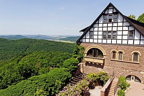 Hall in the Wartburg Castle, view of the Thueringer Wald, Thuringia Forest, Eisenach, Thuringia, Germany, Europe