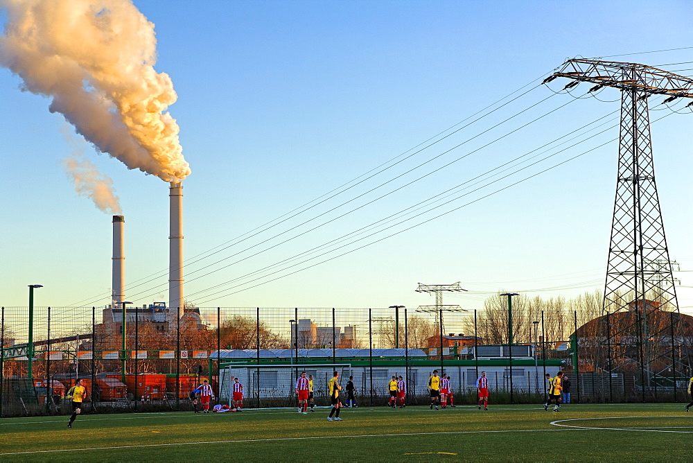 Football field in front of Klingenberg Power Station, Berlin-Lichtenberg, Berlin, Germany, Europe