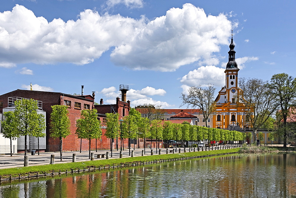 Cloister brewery and St. Marien Abbey Church on the abbeyÂ¥s pond, Neuzelle, Brandenburg, Germany, Europe