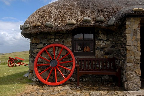 Museum of Island Life showing old turf houses on the Trooternish Peninsula, Isle of Skye, Scotland, United Kingdom, Europe