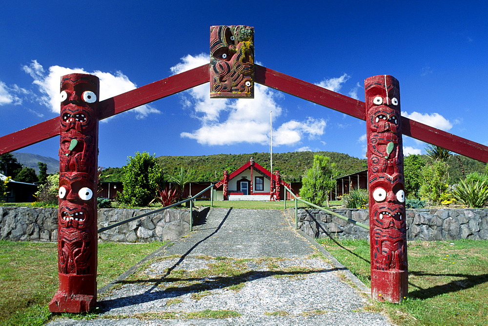 Entrance gate to a Marae-meeting place of the Maoris, South Island, New Zealand