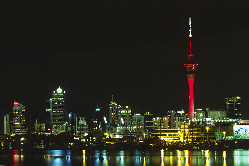 Skyline of Auckland at night, Auckland, North Island, New Zealand