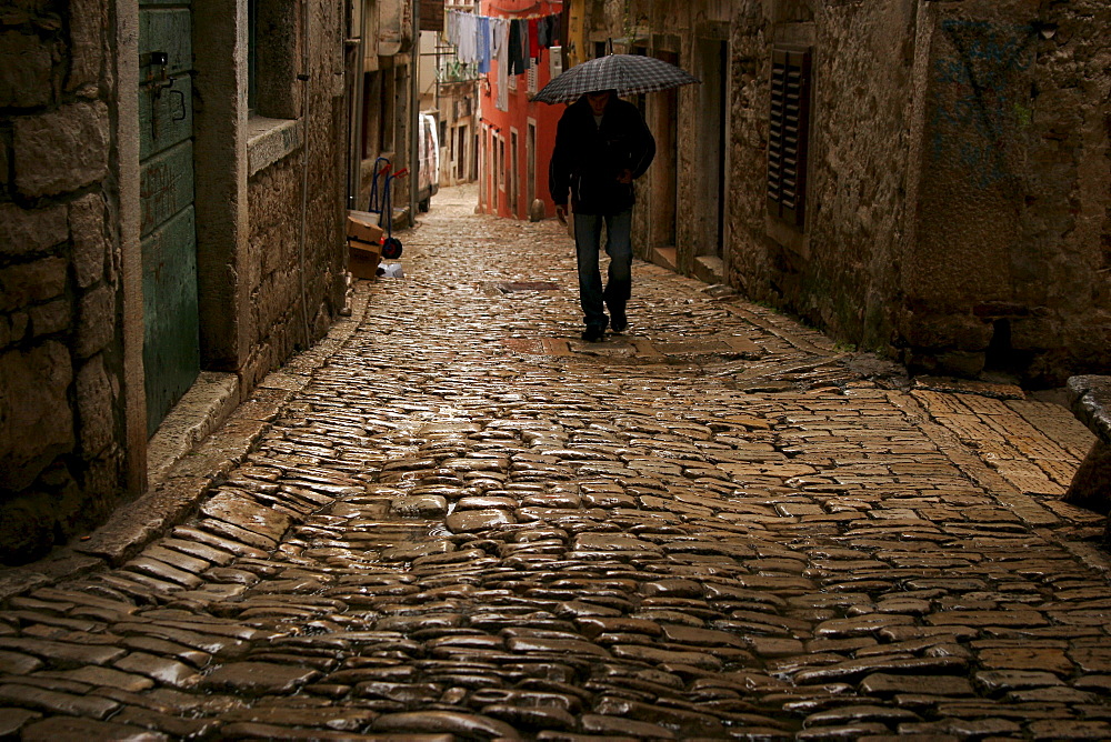 Cobble stone pavement in the old part of town, Rovinj, Croatia