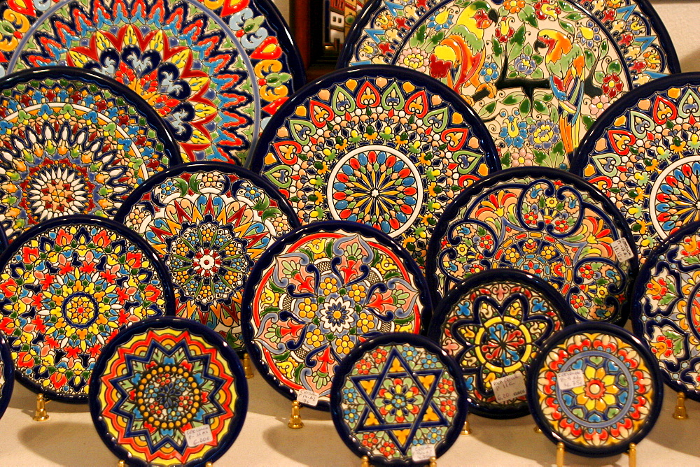 Plates in a souvenir shop in Sevilla, Andalusia, Spain, Europe