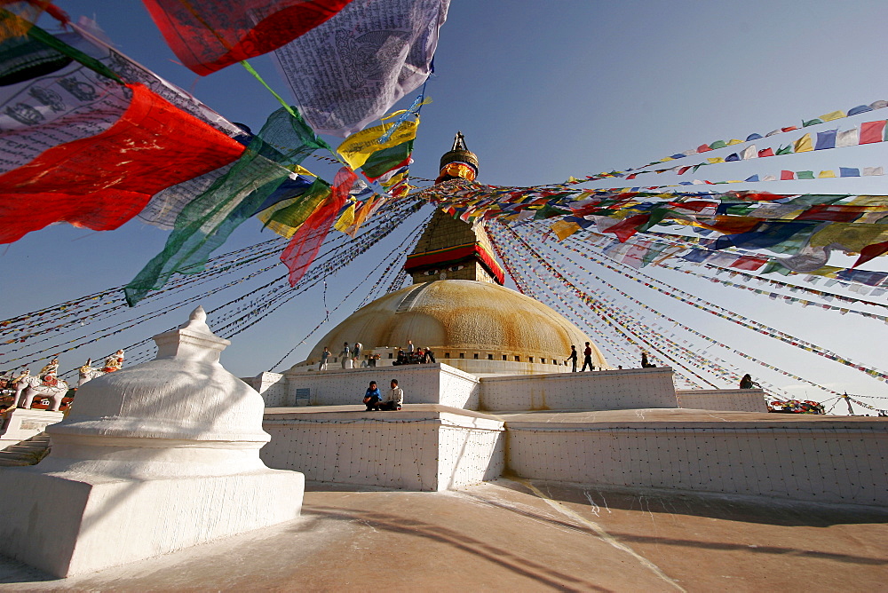 Prayer flags at the stupa of Bodnath, Kathmandu, Nepal, Asia