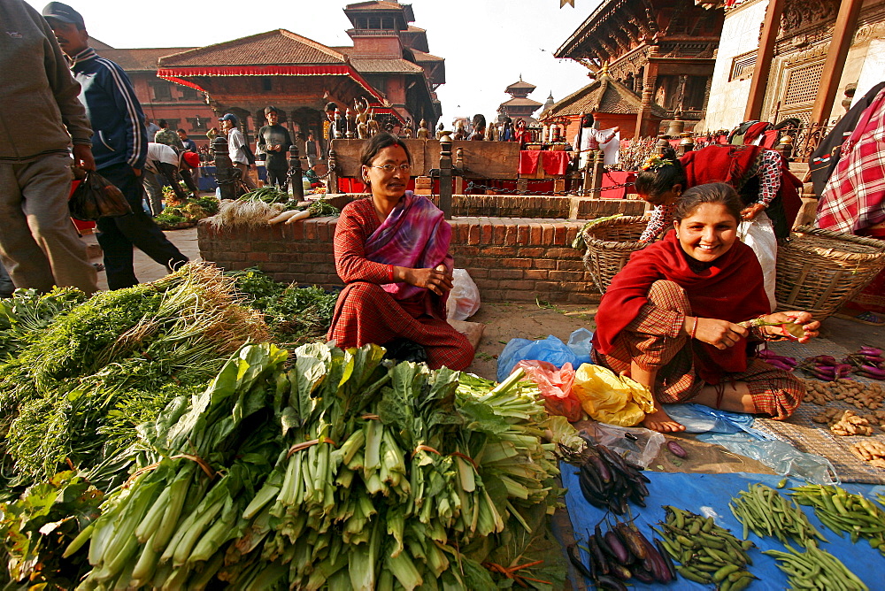 Produce seller in the historic centre of Patan-Lalitpur in Kathmandu Valey, Patan, Nepal, Asia