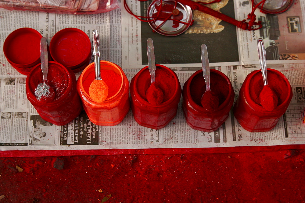 Red colours at a vendor's booth (important element of Hinduism) in Kolkata, West Bengal, India, Asia