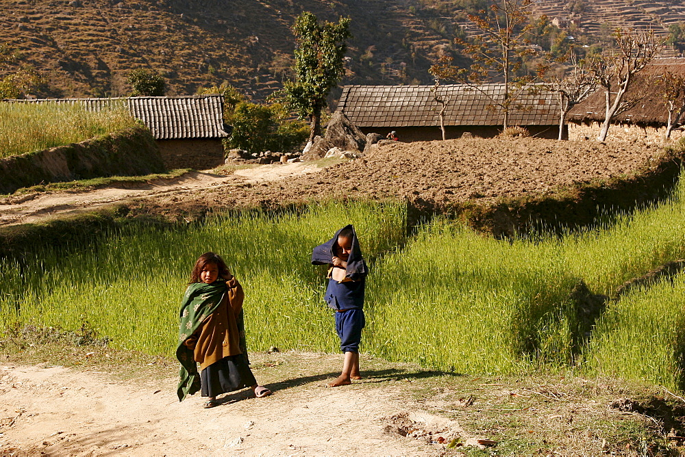 Children in the mountainous countryside surrounding Nagarkot, Nepal, Asia