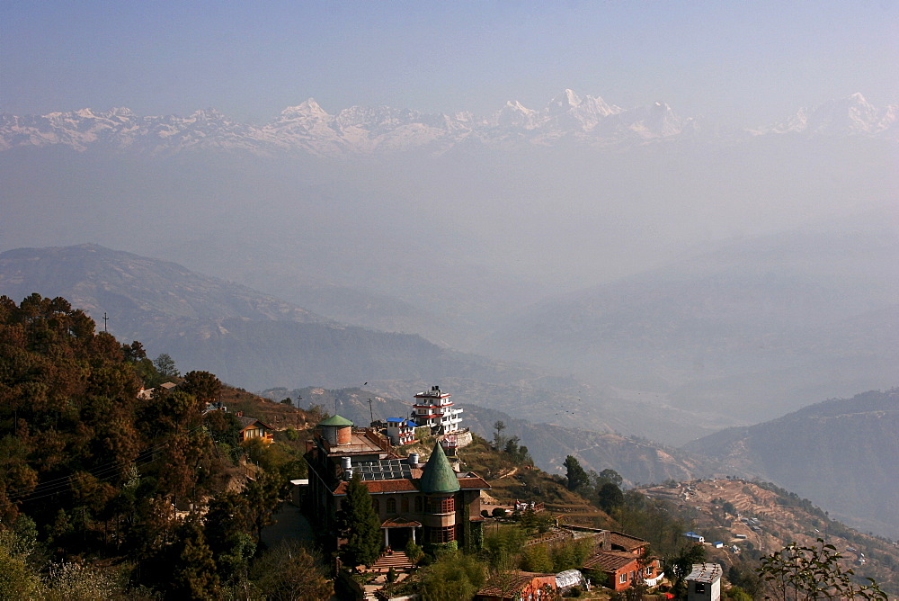 View of the Himalayas near Nagarkot village, famous for its view onto the Himalaya Mountains and especially Mount Everest, Nepal, Asia