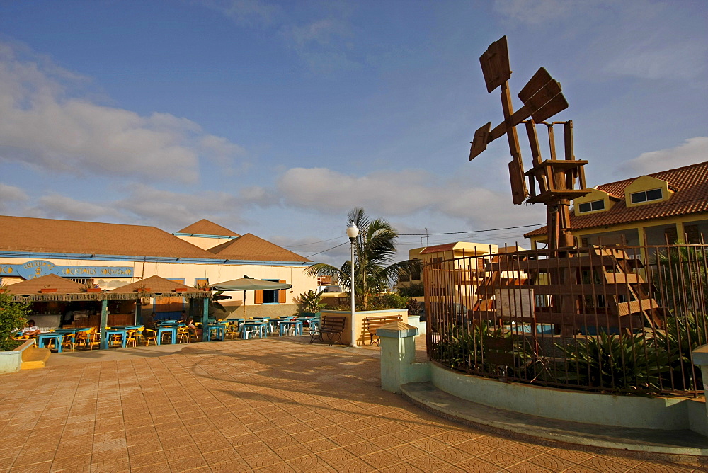 Windmill and cafe in tourist area at Santa Maria, Sal Island, Cape Verde, Africa