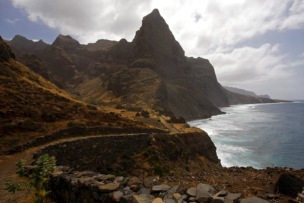 Hiking trail along the mountainous coast of Santo Antao Island, Cape Verde, Africa