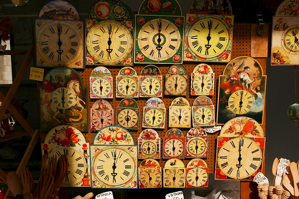 Clocks and souvenirs in a souvenir shop, Ljubljana, Slovenia, Europe