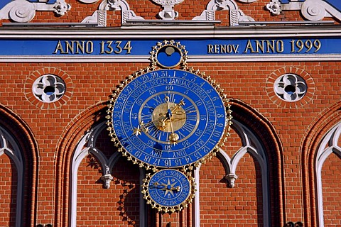 Clock by the House of the Blackheads at the Town Hall Square in Riga, Latvia, Baltic states