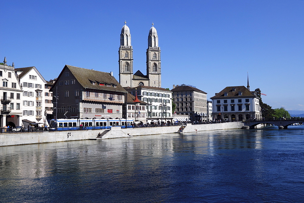 Grossmuenster Cathedral and the Limmat River, Zurich, Switzerland, Europe