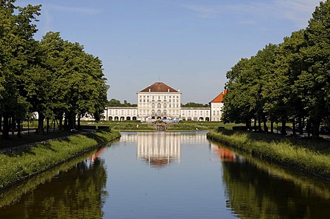 Canal of Castle Nymphenburg with parkway and middle part of Castle Nymphenburg in Munich, Upper Bavaria, Bavaria, Germany