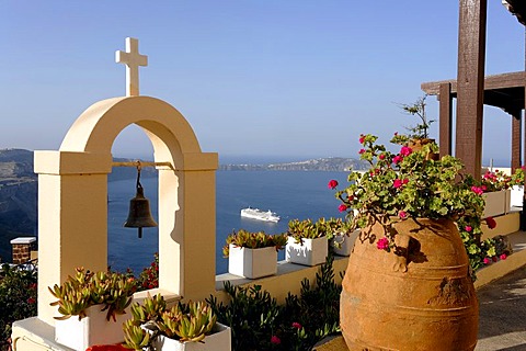 View from Hotel in Imerovigli to the caldera, Santorin, Aegean Sea, Greece, Europe