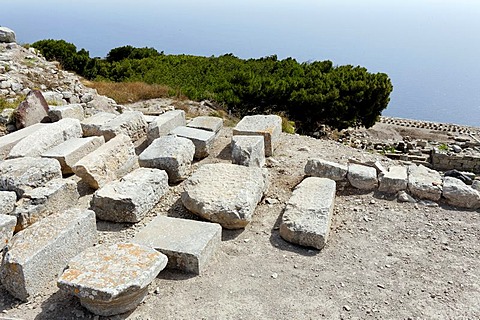 Antiques ruines of old Thira, mountain Messavouno, Santorin, Aegean Sea, Greece, Europe