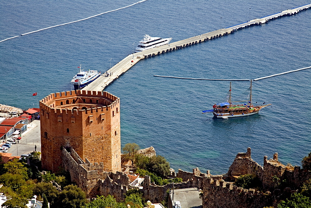 View of the harbour and Kizil Kule (Red Tower), Alanya, Turkey, Asia