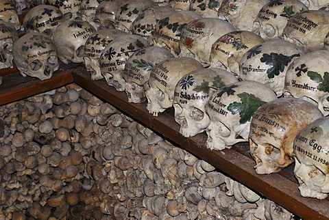 Skull skulls paint ossuary charnel house Hallstatt, Salzkammergut, upper Austria, Austria