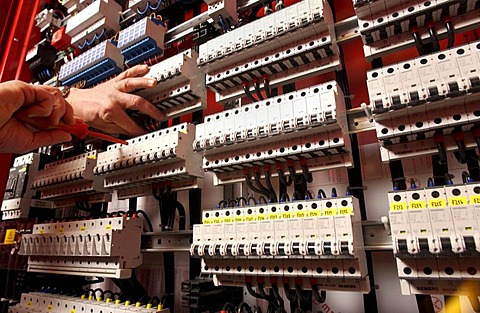 Building of switchgears in a school, Installations of the current distributor. Fuse box, electrical safety devices.