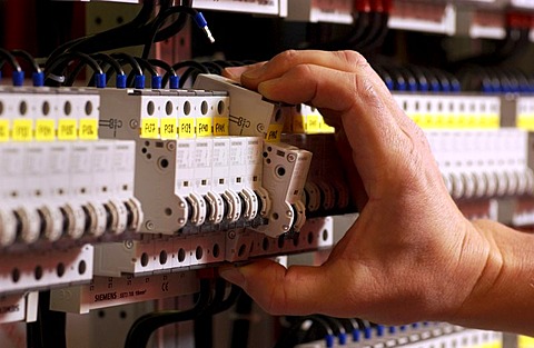 Building of switchgears in a school, Installations of the current distributor. Fuse box, electrical safety devices.