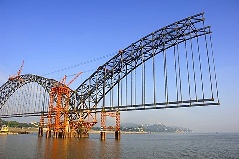 Construction of a new bridge crossing river Irawaddy in Myanmar near Ava, Burma