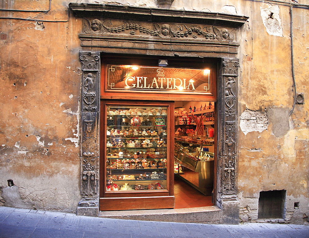 Historical ice-cream parlour in the old town, Assisi, Umbria, Italy