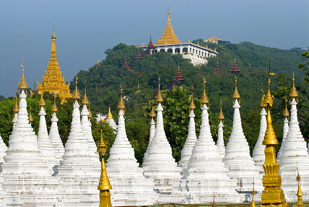 Many white, golden-tipped stupas forming several rows, Mandalay, Myanmar (Burma), Southeast Asia