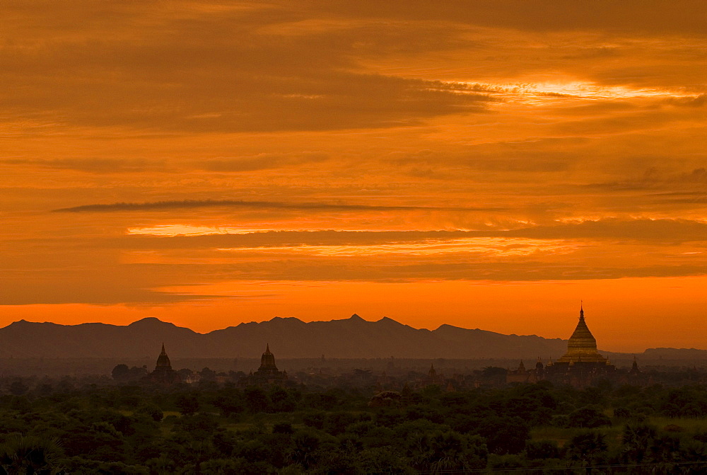 Pagoda field of Bagan at sunset, Bagan, Myanmar, Southeast Asia