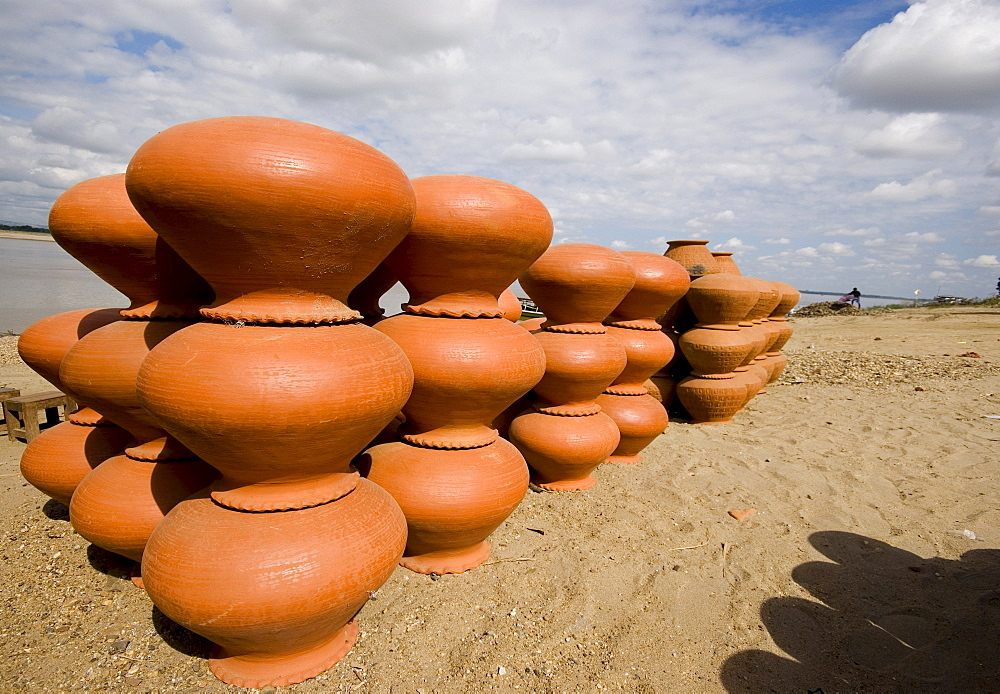 Jugs made of clay on the bank of the Irawaddy River, Bagan, Myanmar, Southeast Asia