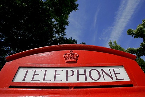 Haworth, GBR, 15.August.2005 - Sign with the word "Telephone" on top of an old phone box in Haworth