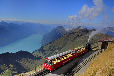 Steam train of the Brienzer Rothorn with view onto the Brienzer Lake, Interlaken, Bernese Oberland, Switzerland