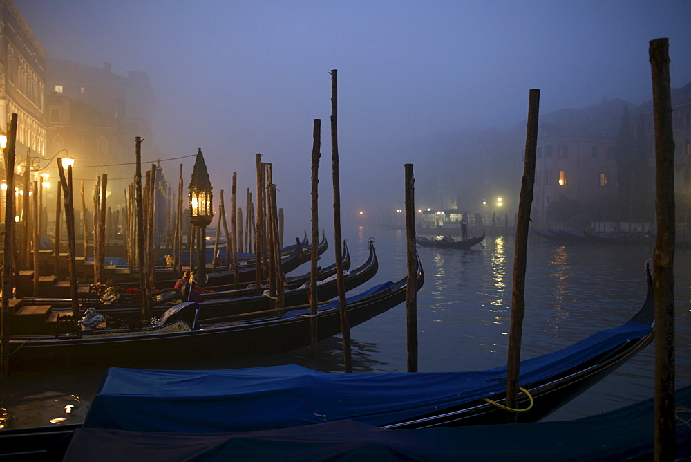 Gondolas in the fog, Venice, Italy