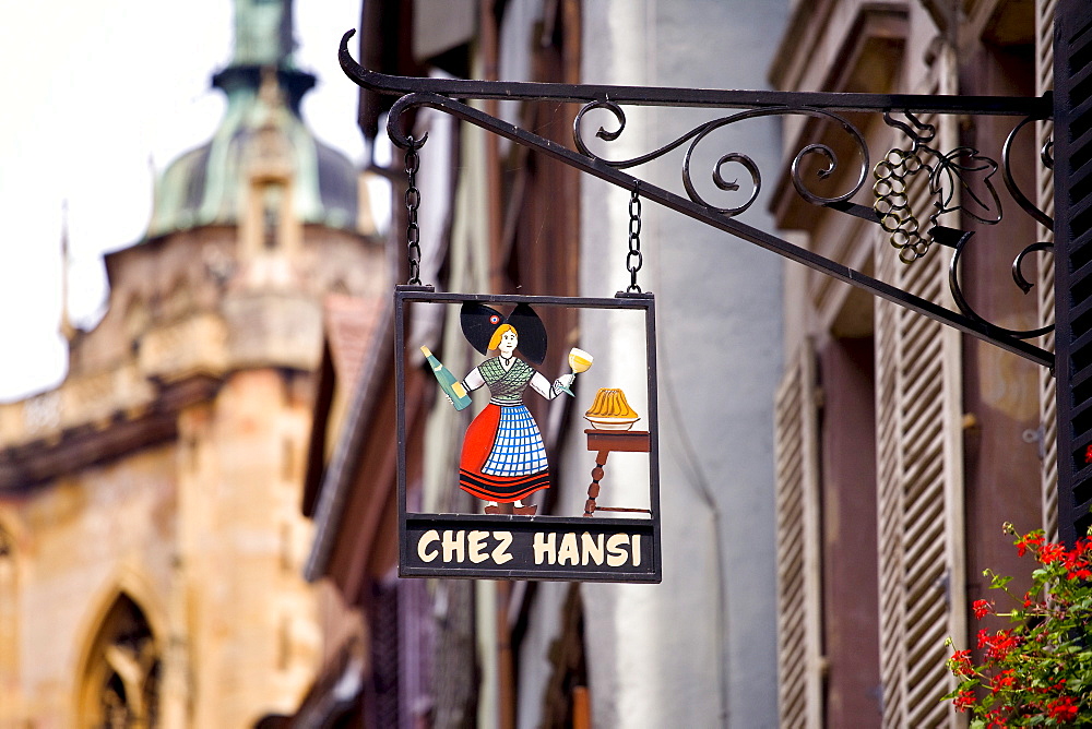 Sign, restaurant, historic town centre, Colmar, Alsace, France, Europe