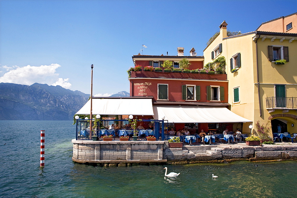 Restaurant by the Lake, Malcesine, Lake Garda, Venetia, Italy, Europe