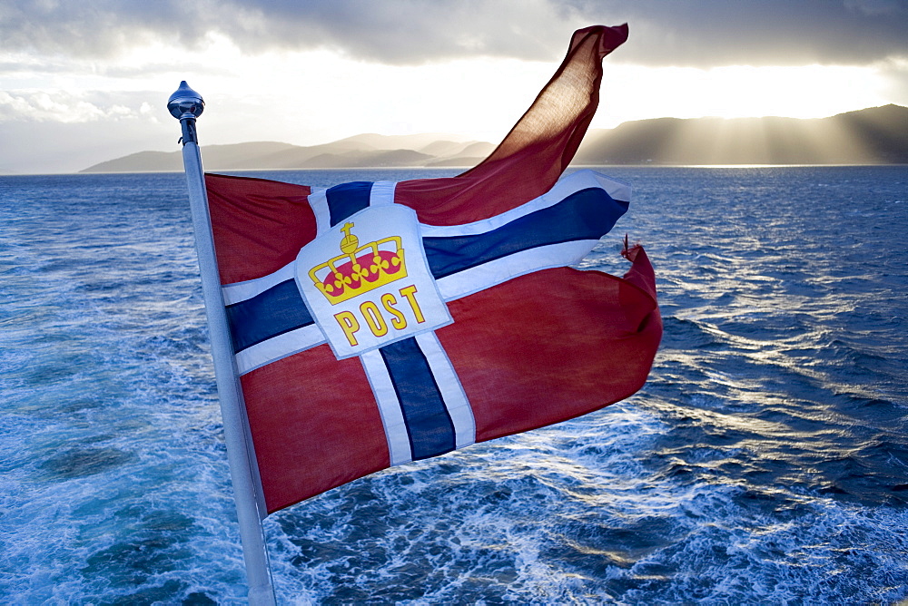 Cruise with the Hurtigruten, Norwegian Coastal Express, postal flag, North Norway, Scandinavia, Europe