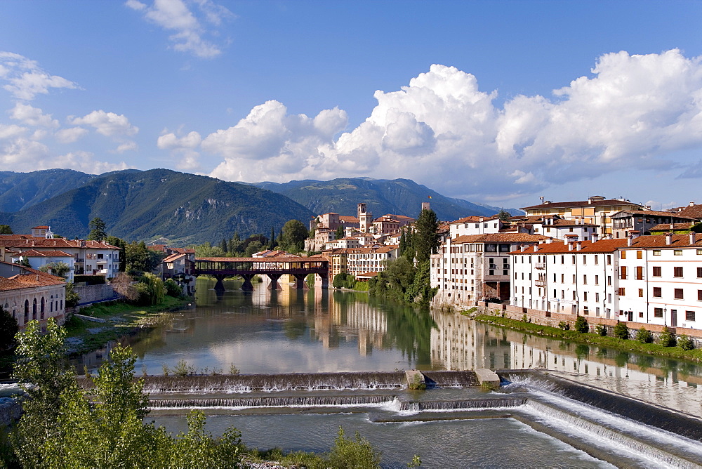 View of the city, Brenta River, Alpini's Bridge, Bassano del Grappa, Veneto, Italy, Europe