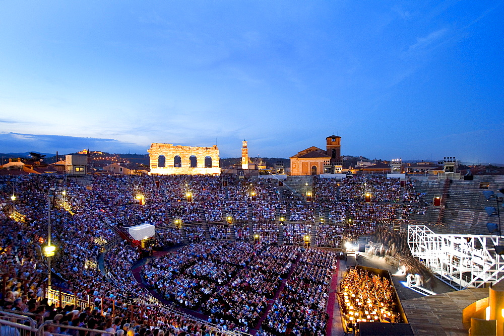 Spectators sitting on the tribune watching an opera, arena, Verona, Venice, Italy, Europe