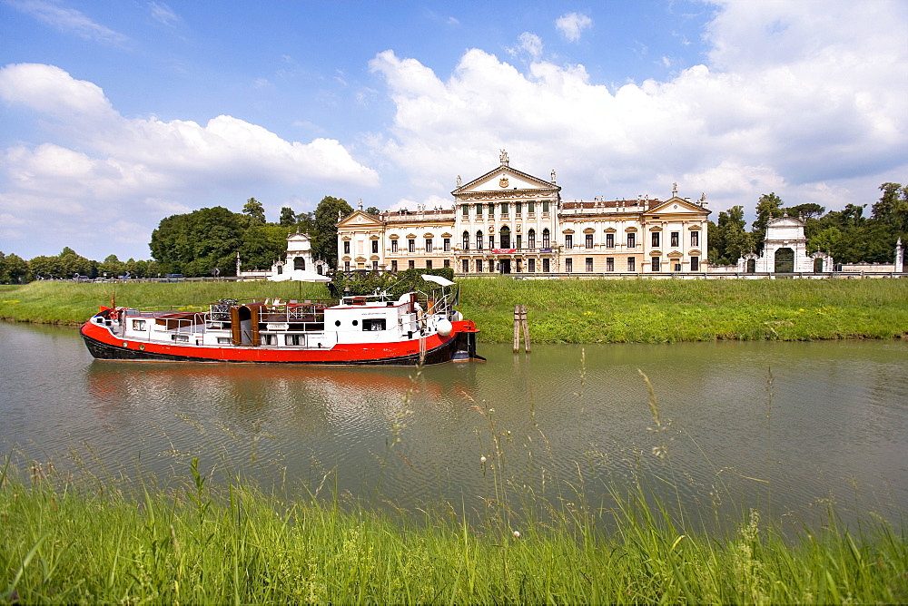 Ship on the Brenta River in front of the Villa Pisani, Stra, Veneto, Italy, Europe